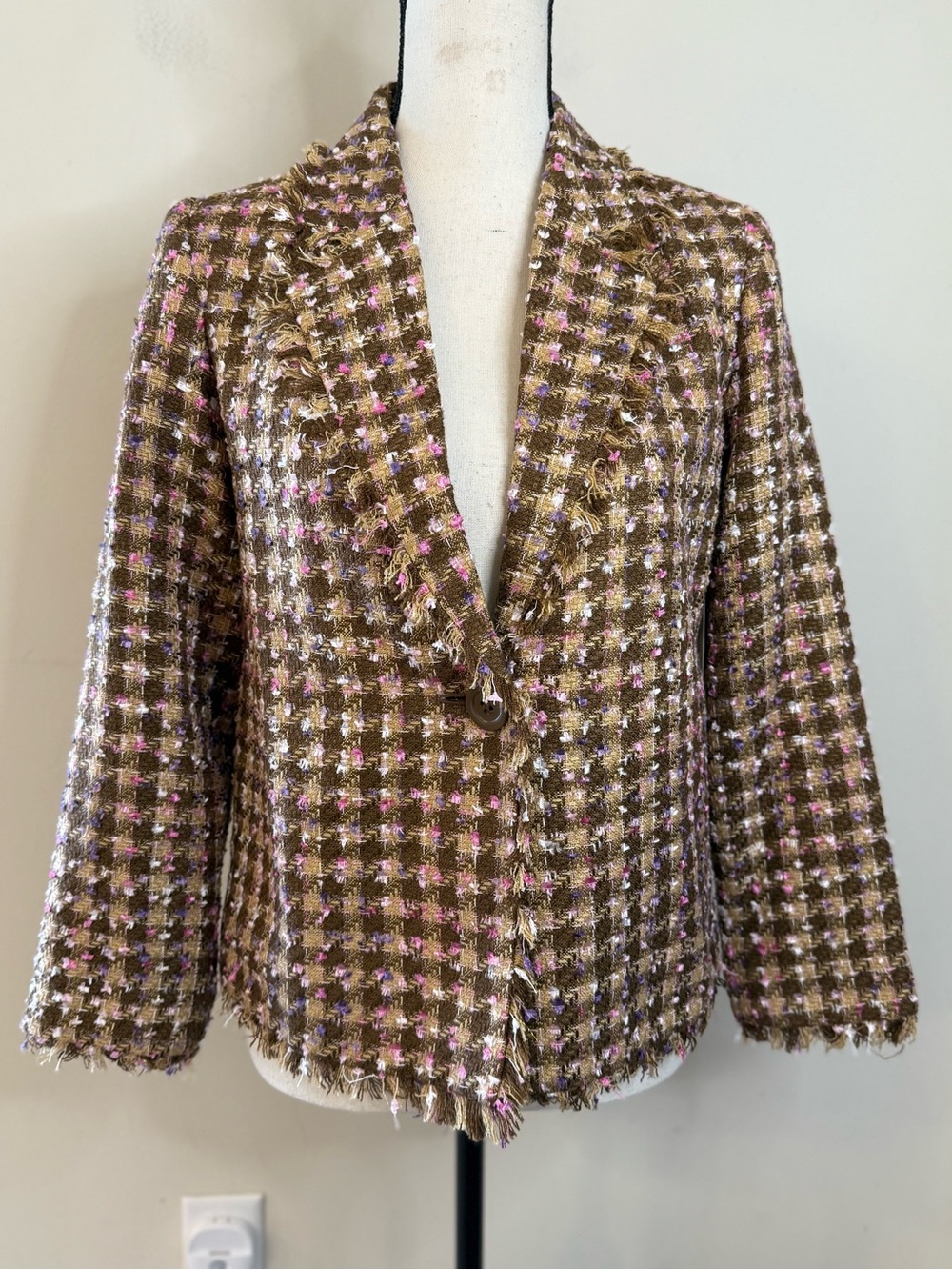 Breckinridge brown pink tweed blazer jacket pockets raw hem SZ 4P